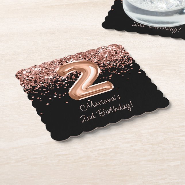 Rose Gold Svart 2-års Födelsedagsfest Underlägg Papper (Vinklad)