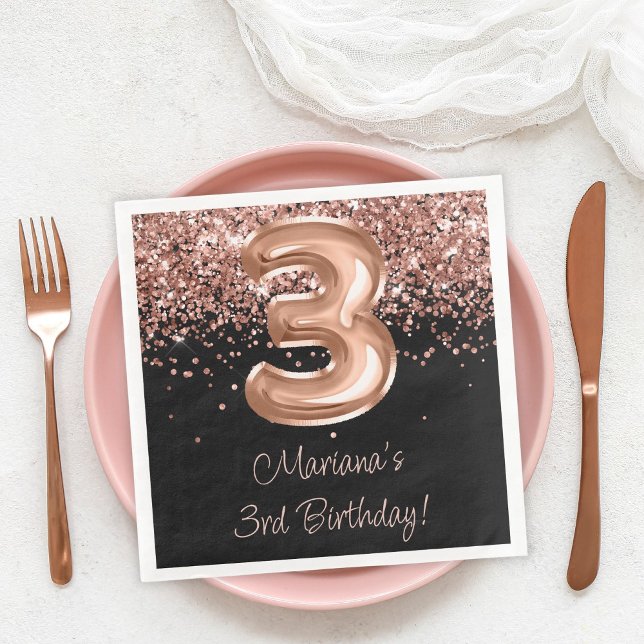 Rose Gold Svart 3-års födelsedagsfest Pappersservett (Skapare uppladdad)