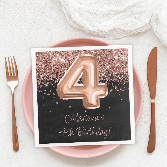 Rose Gold Svart 4-års födelsedagsfest Pappersservett (Skapare uppladdad)