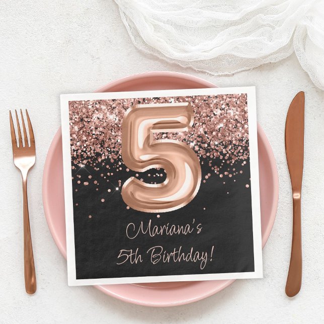 Rose Gold Svart 5-års födelsedagsfest Pappersservett (Skapare uppladdad)
