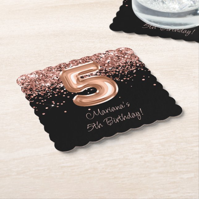 Rose Gold Svart 5-års födelsedagsfest Underlägg Papper (Vinklad)