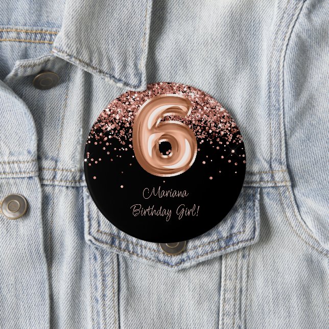 Rose Gold Svart 6-års födelsedagsfest Knapp (In Situ)