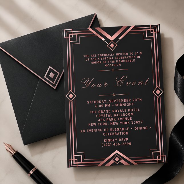 Rose Gold & Svart Art Deco Galafirande  Inbjudningar (Skapare uppladdad)