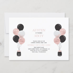 Rose Gold & Svart Ballong Modern 60 Födelsedagsfes Inbjudningar