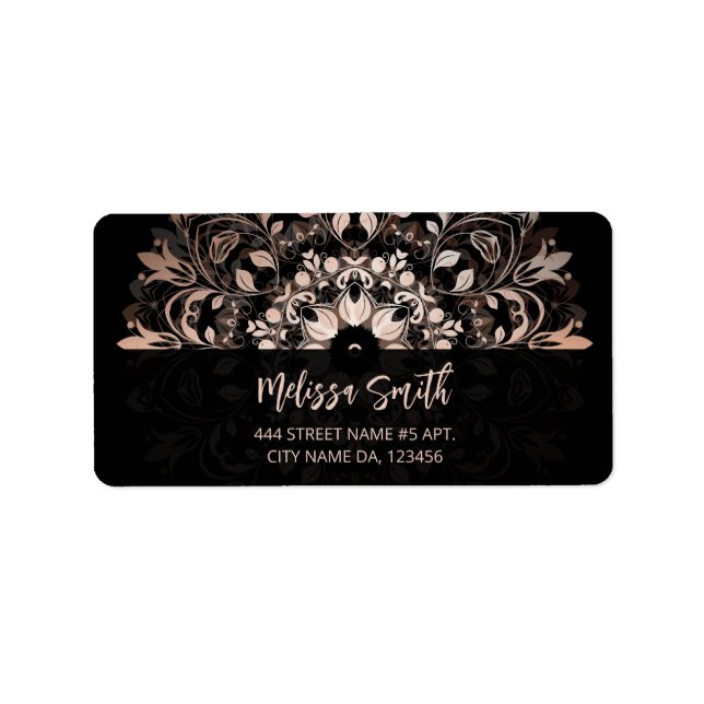Rose Gold Svart Blommig Mandala Adressetikett (Framsidan)