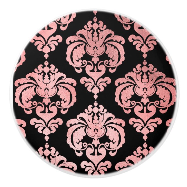 Rose Gold & Svart Damask Elegant Sängkammarbyrå Knopp (Framsidan)