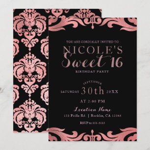 Rose Gold Svart Damask Stilfull Elegant Sweet 16 F Inbjudningar