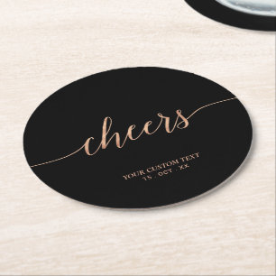 Rose gold & Svart Elegant Bokstavsdesign Cheers Fe Underlägg Papper Rund