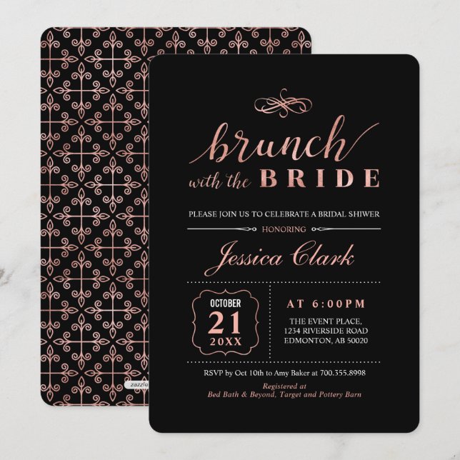 Rose Gold & Svart | Elegant Bröllop Bröllopsbrunch Inbjudningar (Fram/baksida)