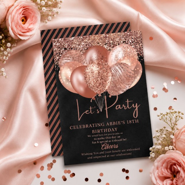 Rose Gold Svart Födelsedagsinbjudningskort Kort (Skapare uppladdad)