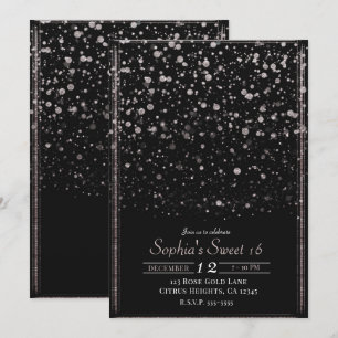 Rose Gold & Svart Konfetti Sprut Svett 16 Fests Inbjudningar
