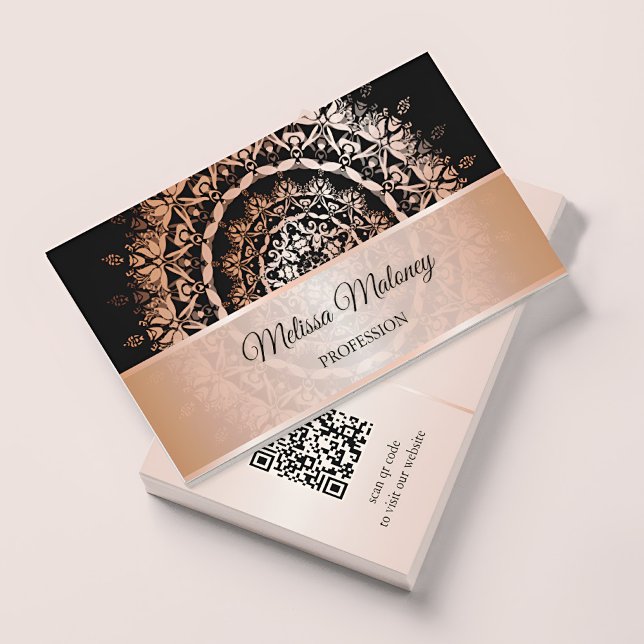 Rose Gold Svart Mandala QR-kod Visitkort (Skapare uppladdad)