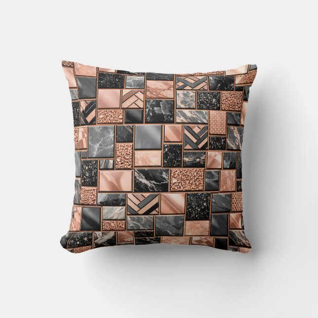 Rose Gold Svart Marmor Mosaik Kudde (Framsida)