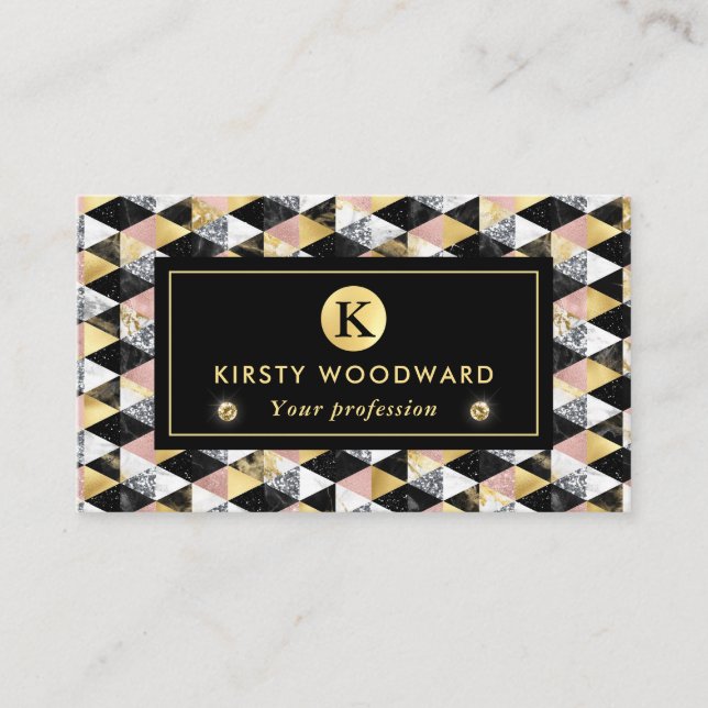 Rose Gold, Svart & Vit Marmorstruktur Geometrisk Visitkort (Framsida)