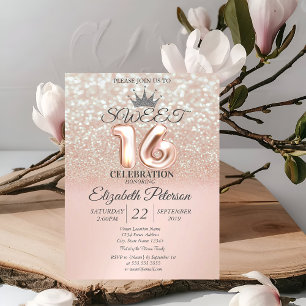 Rose Gold Sweet 16 Glitter Bokeh Ombre, Tiara Inbjudningar