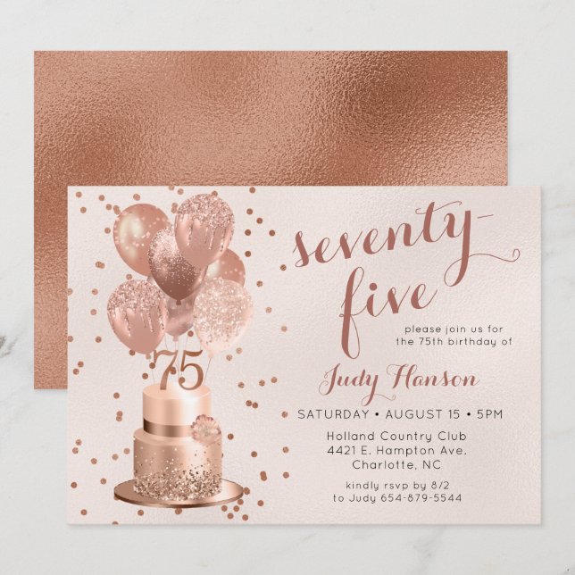 Rose Gold Tårta 75-årsdag Inbjudan (Fram/baksida)