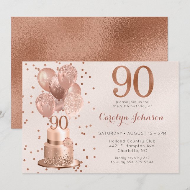 Rose Gold Tårta 90-års Födelsedagsinbjudan Inbjudningar (Fram/baksida)