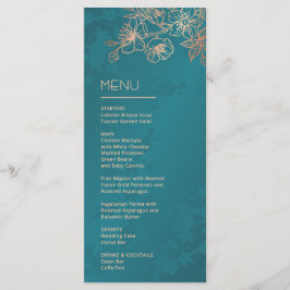 Rose Gold Teal Blommig Linje Konst Bröllop Meny