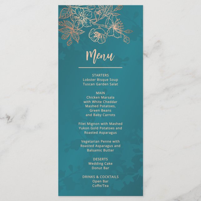 Rose Gold Teal Floral Line Art Wedding Meny (Framsida)