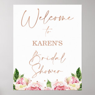 Rose Gold Text Peonies Bröllopsdusch Välkommen Poster