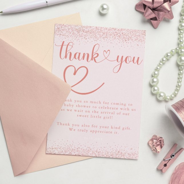 Rose Gold Thank You Confetti Heart Script Tack Kort (Skapare uppladdad)