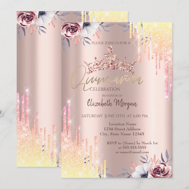 Rose Gold Tiara Blommor Quinceañera Inbjudningar (Fram/baksida)