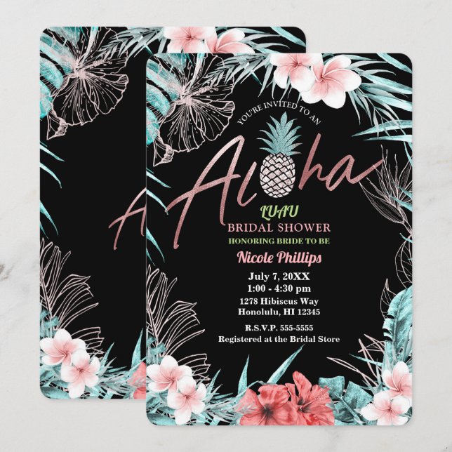 Rose Gold Tropisk Pineapple Botanisk Aloha Luau Inbjudningar (Fram/baksida)
