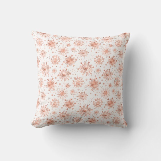 Rose Gold Vinter Snöflingor på Vitt Kudde (Framsida)