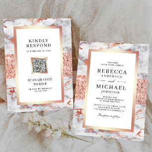 Rose Gold Vit Marmor Allt-i-ett QR-kod Bröllop Inbjudningar