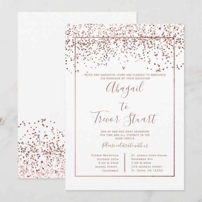 Rose gold vit typografi konfetti bröllop inbjudningar (Fram/baksida)