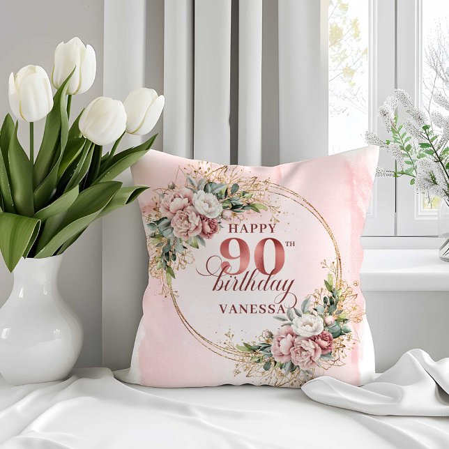 Rose Gold Watercolor Blommig 90-årsdags Kudde (Rose Gold Watercolor Floral 90th Birthday Pillow)