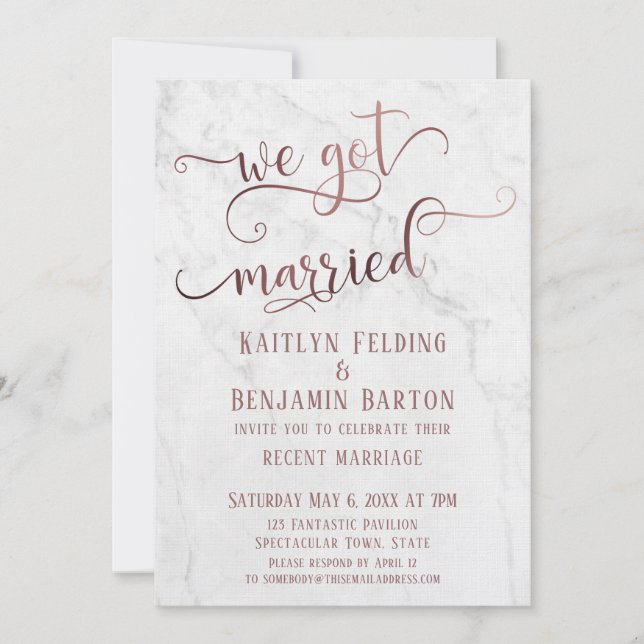 Rose Gold "We Got Married" Typografi med marmor Inbjudningar (Framsida)