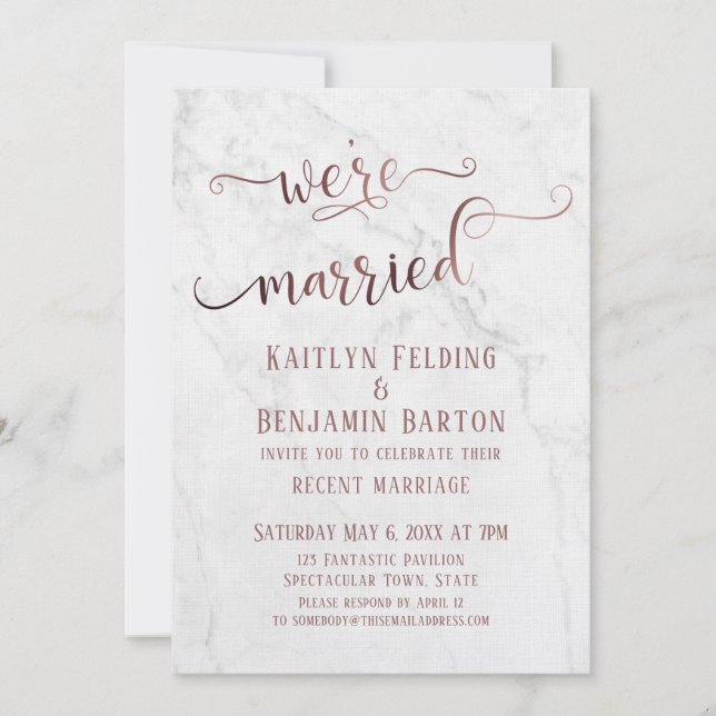 Rose Gold "We're Married" Typografi med marmor Inbjudningar (Framsida)