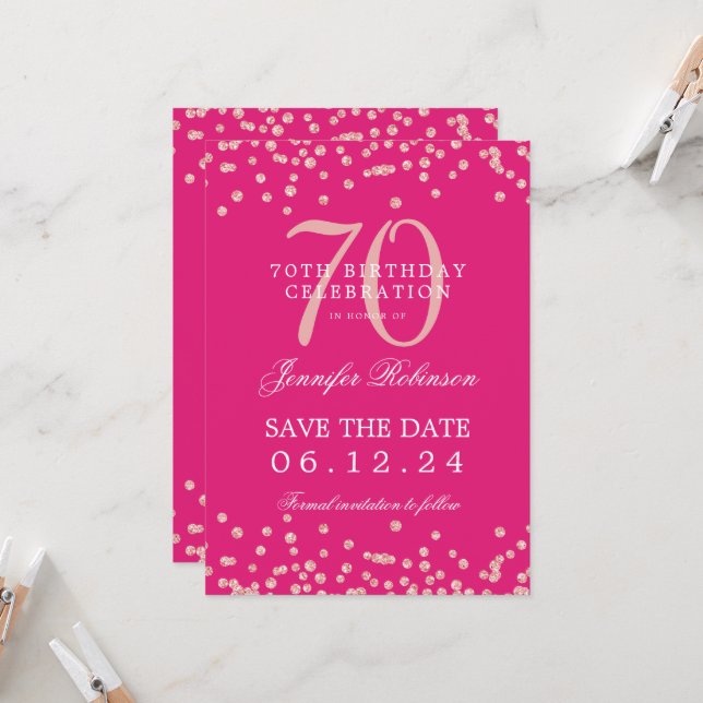Rose Guld 70-årsfirande Save Date Detaljer Hot Pin Inbjudningar (Fram/Back In Situ)