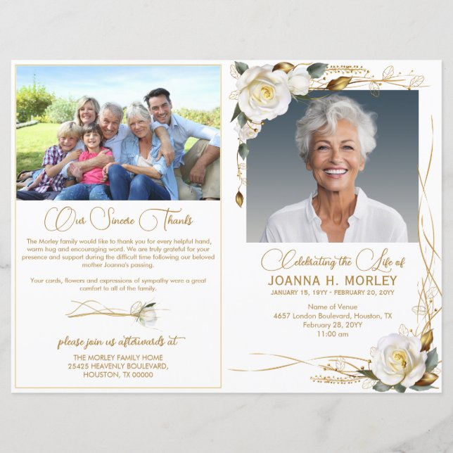 Rose & Guld Blommig 2 Foto Begravningsprogram (Framsida)