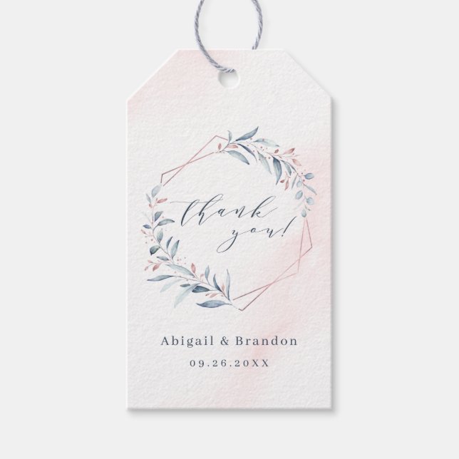 Rose Guld Dammig Blå Grönska Geometrisk Tack Presentetikett (Framsidan)