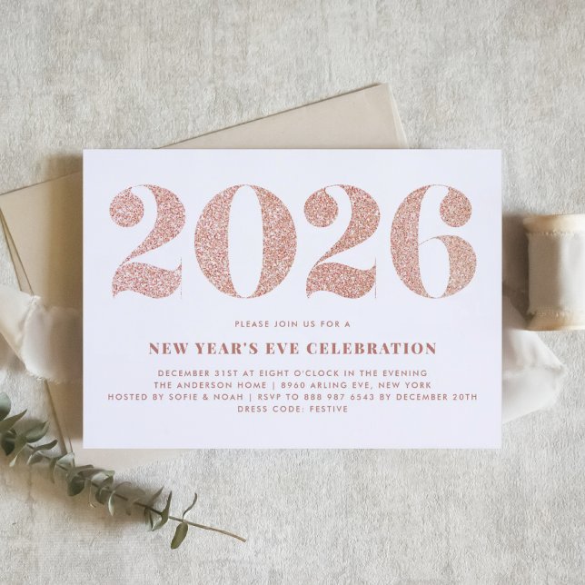 Rose Guld Glitter 2022 Nyårsafton Fest Inbjudningar (Customizable 2026 New Year's Eve party invitation featuring faux rose gold glitter.)