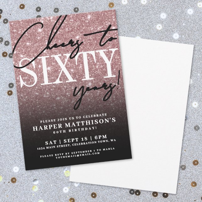 Rose Guld Glitter 60-årsdag Inbjudningar (Rose Gold Glitter 60th Birthday Invitation)