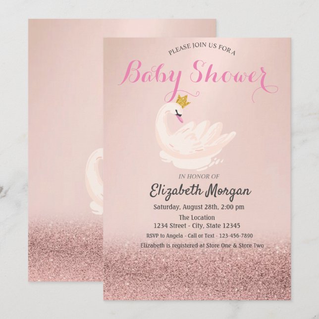 Rose Guld Glitter Bokeh, Svan Krona Baby Shower Inbjudningar (Fram/baksida)