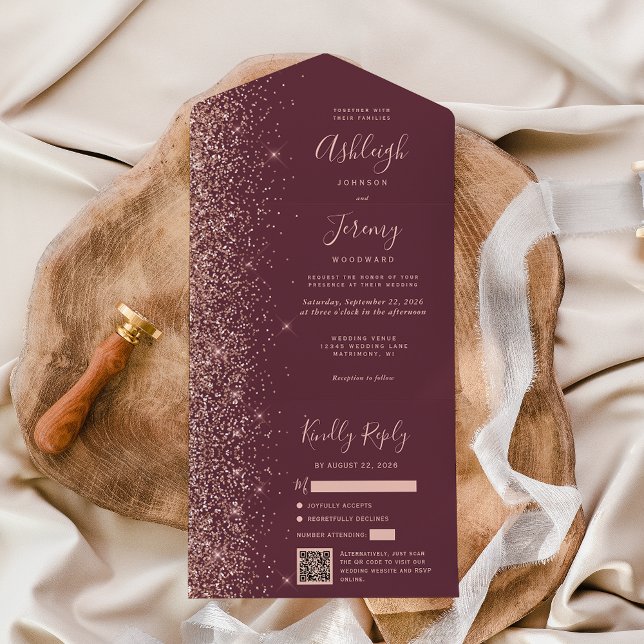 Rose Guld Glitter Burgundy QR-kod Bröllop (Skapare uppladdad)