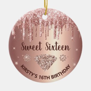 Rose Guld Glitter Drip Diamant Sweet Sixteen Julgransprydnad Keramik