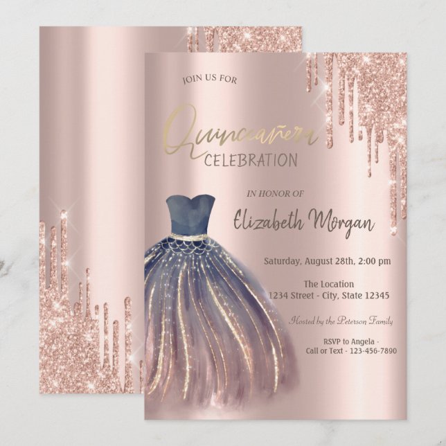 Rose Guld Glitter Drips Chic Klänning Quinceañera Inbjudningar (Fram/baksida)