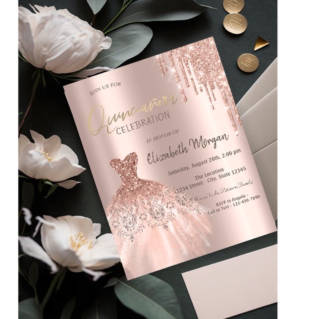 Rose Guld Glitter Drips Klänning Quinceañera Inbjudningar (Skapare uppladdad)