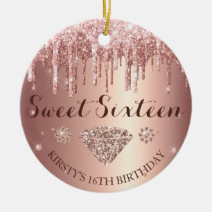 Rose Guld Glitter Dropp Diamant Sweet Sixteen Julgransprydnad Keramik