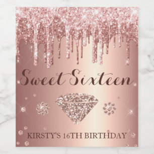 Rose Guld Glitter Dropp Sweet Sixteen Vinflaska Etikett