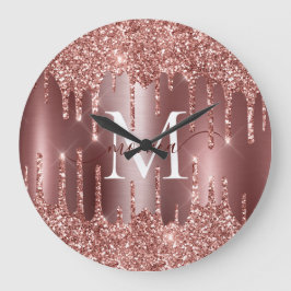 Rose Guld Glitter Droppar Monogram Personlig Väggy Stor Klocka