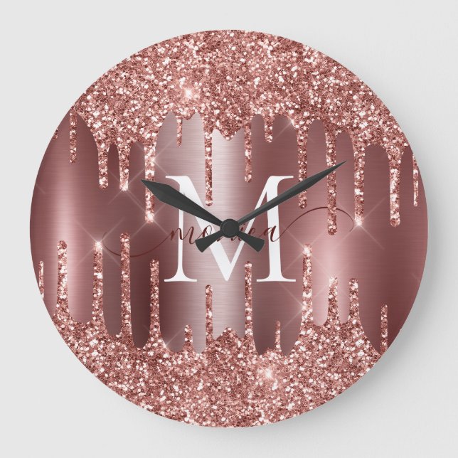 Rose Guld Glitter Droppar Monogram Personlig Väggy Stor Klocka (Framsida)