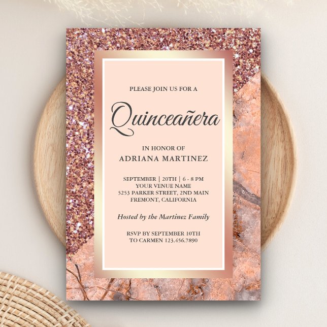 Rose Guld Glitter Korall Rosa Marmor Quinceanera Inbjudningar (Skapare uppladdad)
