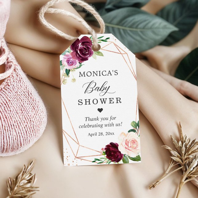 Rose Guld Glitter Lila Rodnad Blommig Baby Shower Presentetikett (Skapare uppladdad)