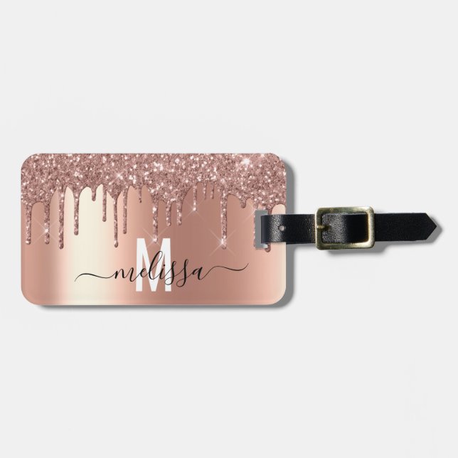 Rose Guld Glitter Monogram Handskriven typsnitt Bagagebricka (Horisontell Framsida)